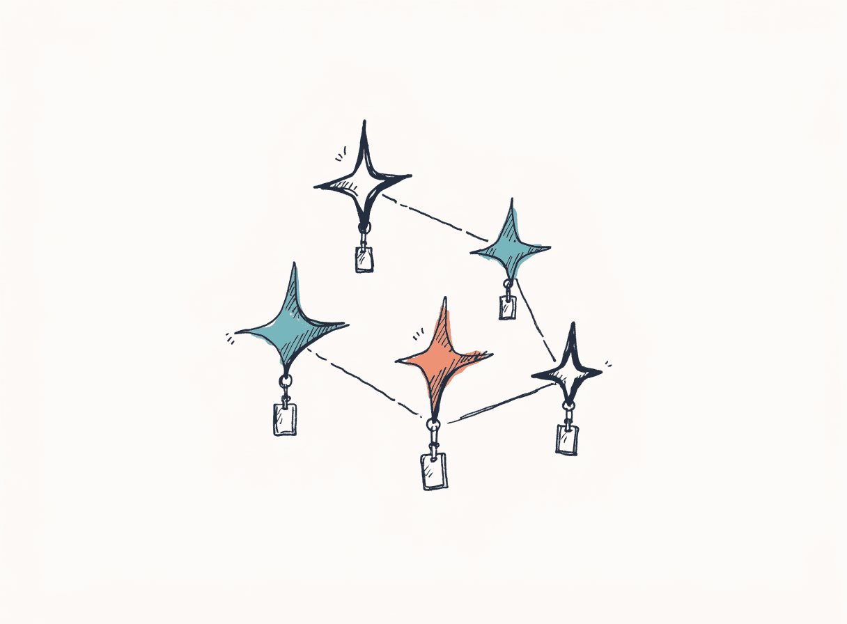 Hand-drawn constellation of five stars connected by lines, a lanyard ID badge hanging beneath each star