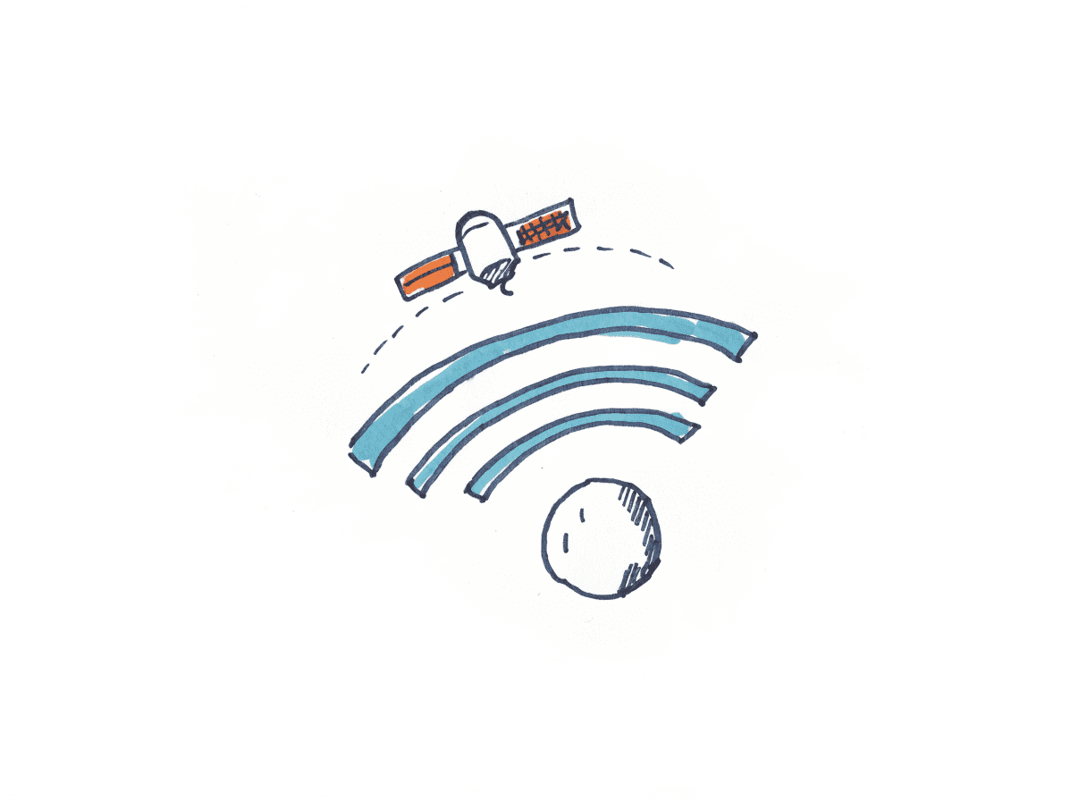 Hand-drawn satellite on a dashed orbit beaming three teal signal arcs down to a small planet
