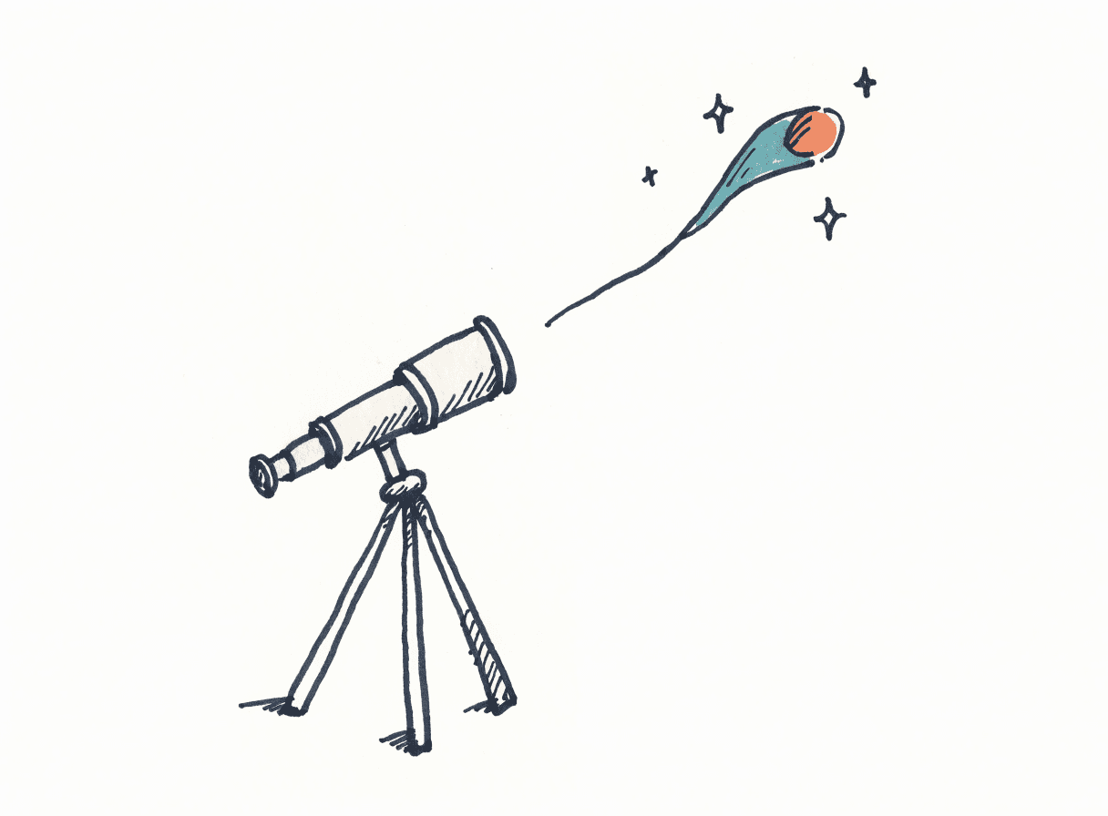 Hand-drawn telescope on a tripod aimed at a comet whose teal tail traces a rising chart line