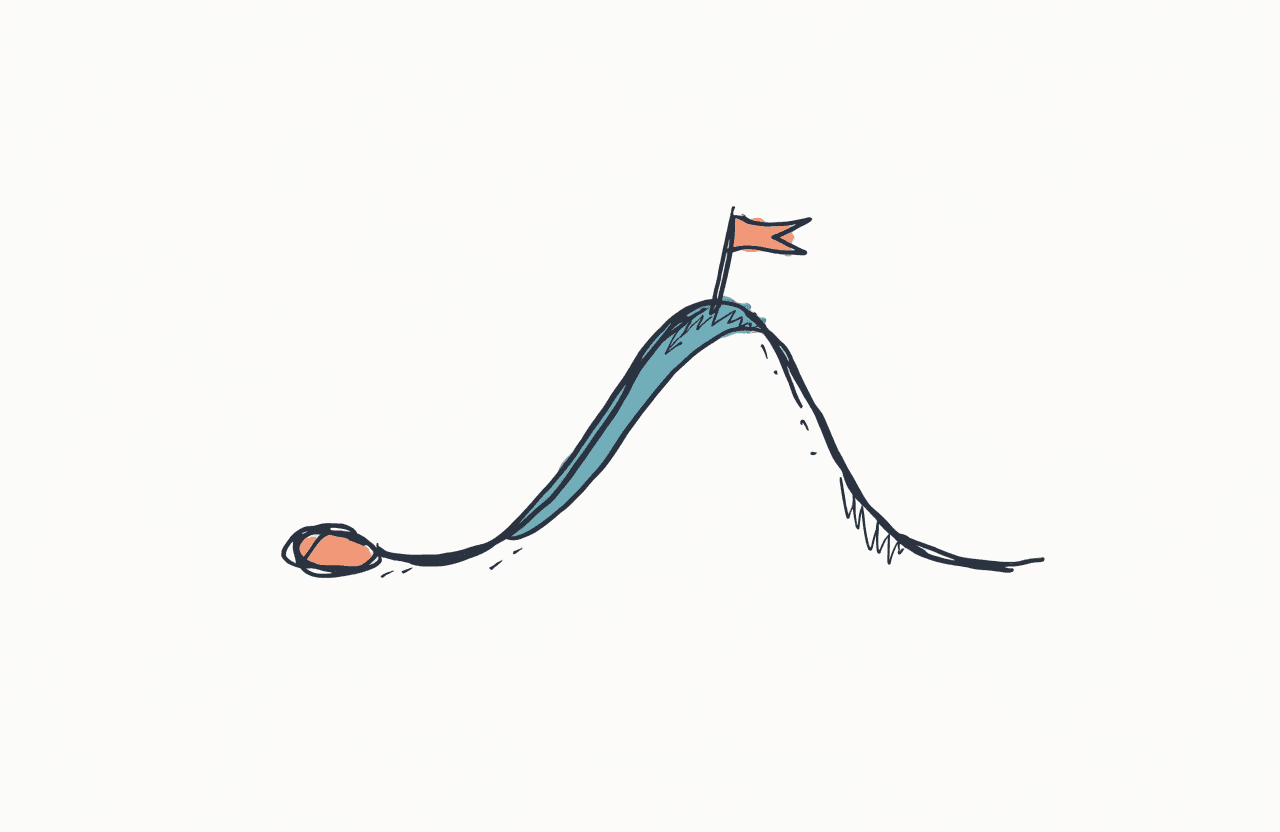 Hand-drawn comet whose trail draws a rising-and-falling arc, an orange flag planted at the peak