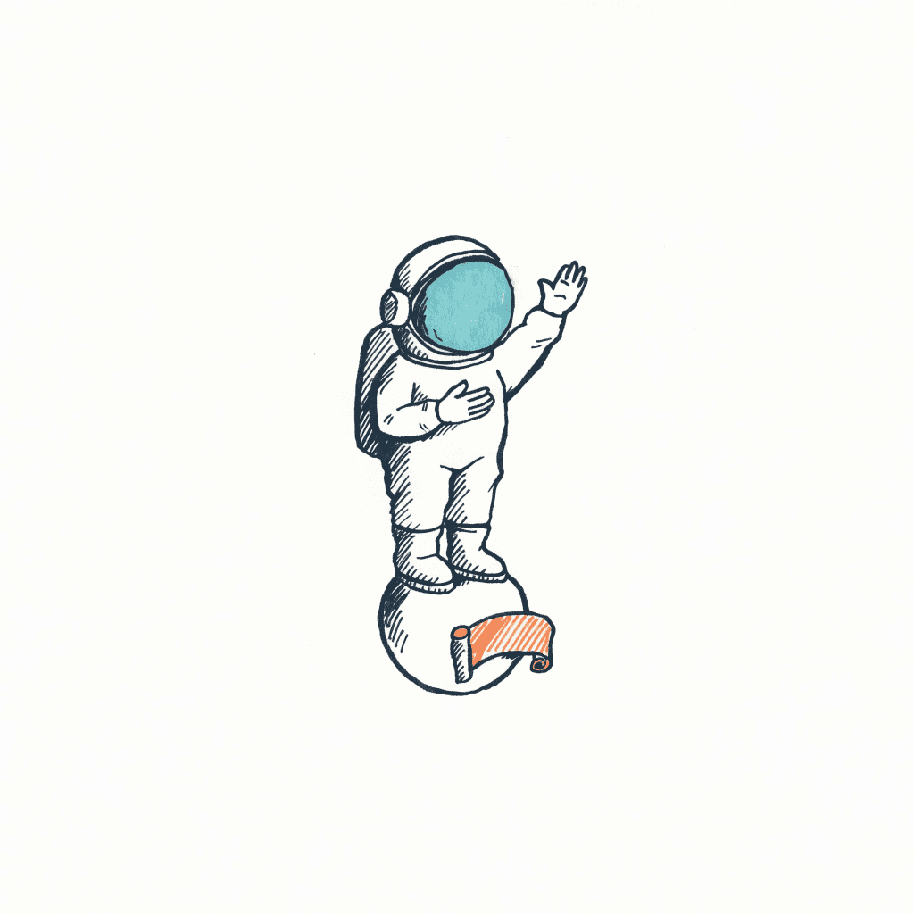 Hand-drawn astronaut standing on a tiny planet taking an oath, one hand on chest and one raised