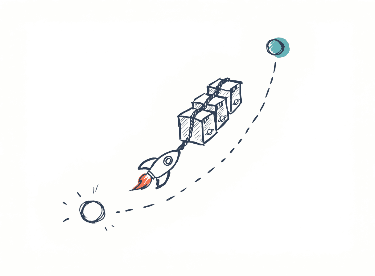 Hand-drawn rocket towing three moving boxes along a dashed arc from one small planet to another