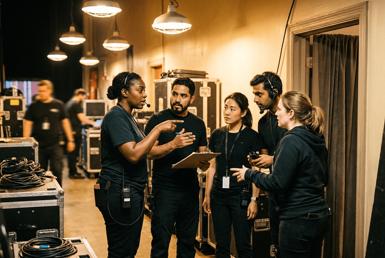 A diverse production crew of five in a backstage huddle before doors open, warm work lights behind them